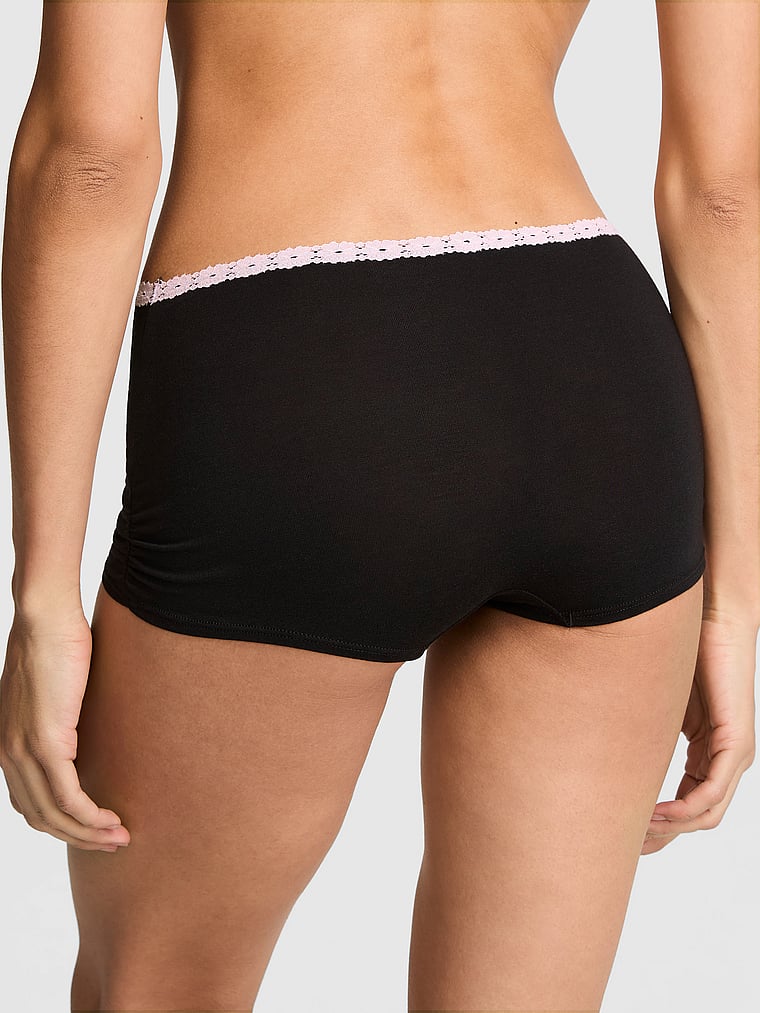 PINK Cotton Dorm Boyshort Panty, Black With Pink Tulip Lace, onModelBack, 2 of 2
