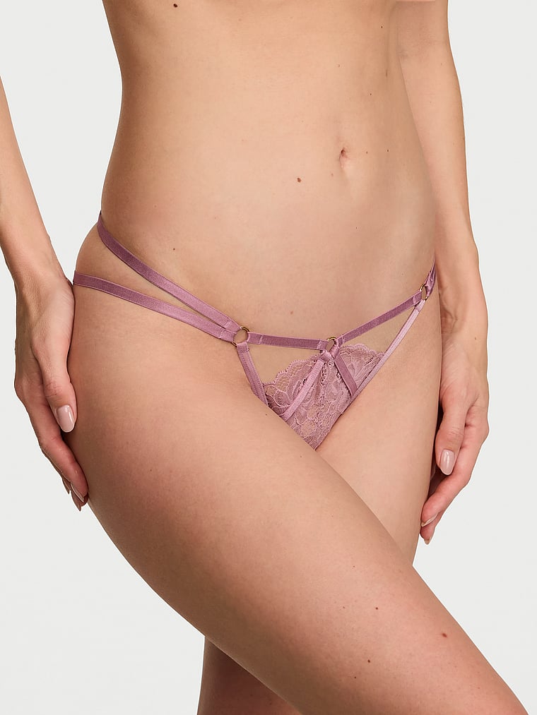 Victoria's Secret, Very Sexy Lace Strappy Hardware Peekaboo Thong Panty, Dusk Rose, onModelFront, 1 of 2 Maggie is 5'7" or 170cm and wears Small