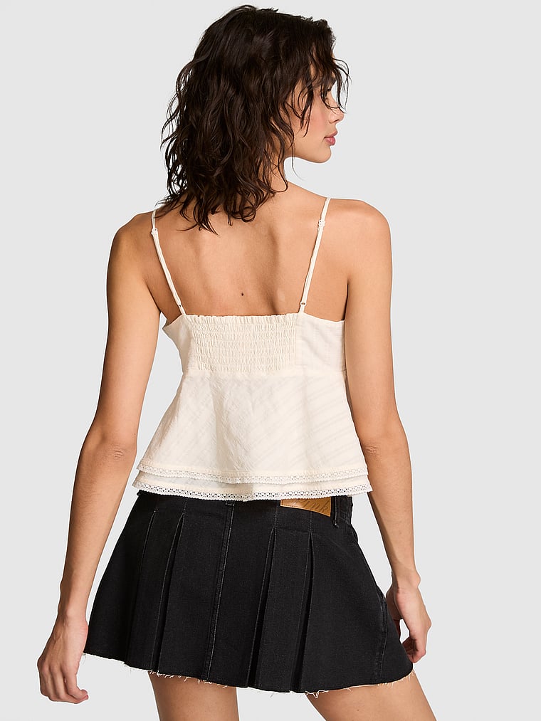 PINK High-Low Lace-Trim Ruﬄe Cami, Winter White, onModelBack, 2 of 3