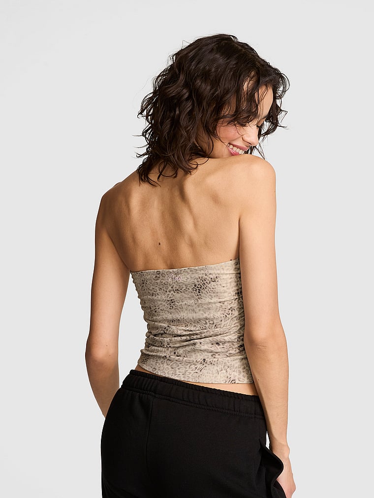 PINK All-Day Cotton™ Side-Ruched Tube Top, Natural Leopard, onModelBack, 2 of 3