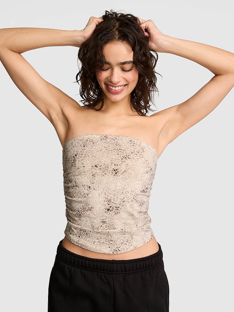 PINK All-Day Cotton™ Side-Ruched Tube Top, Natural Leopard, onModelFront, 1 of 3