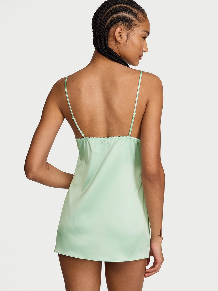 Victoria's Secret, Victoria's Secret Tease Satin Lace-Trim Mini Slip Dress, Mint, onModelBack, 3 of 3