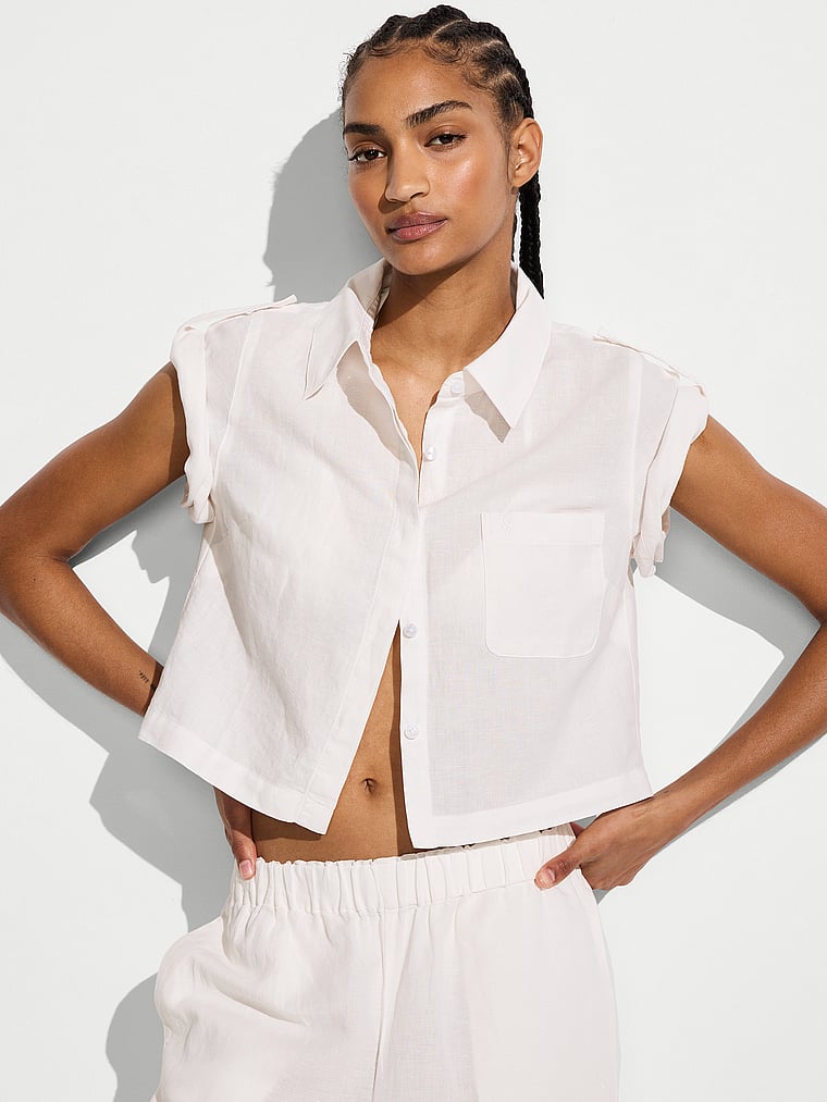 Beachwear Linen Boxy Short-Sleeve Top