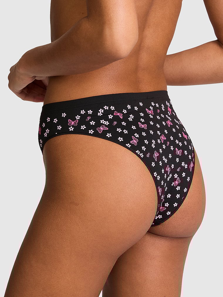 PINK Seamless Brazilian Panty, Black Butterfly Hibiscus Print, onModelBack, 2 of 3