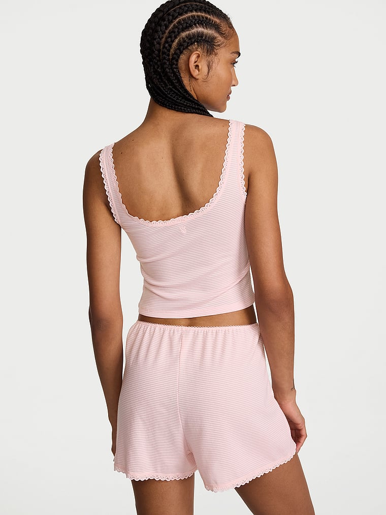 Victoria's Secret, Victoria's Secret Cotton Shadow Stripe Cropped Tank & Shorts Set, Angel Pink, onModelBack, 2 of 4 Anyeline is 5'10" or 178cm and wears S/Long