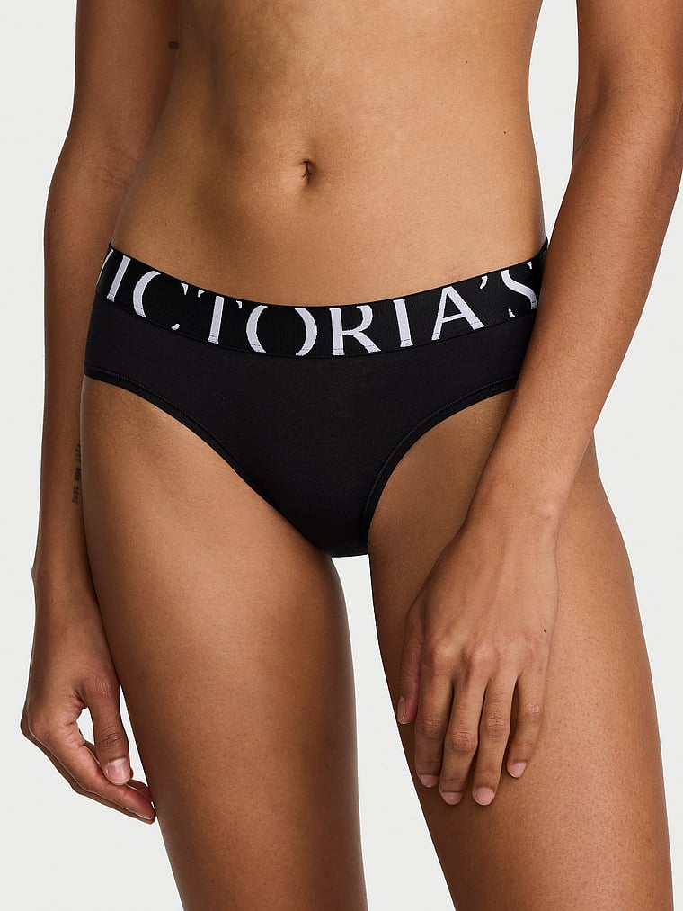 Victoria's Secret, Cotton Logo Cotton Shine Patch Hiphugger Panty, Black, onModelFront, 1 of 4 Anyeline is 5'10" and wears Small