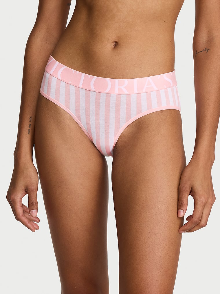 Victoria's Secret, Cotton Logo Cotton Shine Patch Hiphugger Panty, Pretty Blossom Stripes, onModelFront, 2 of 3 Anyeline is 5'10" and wears Small