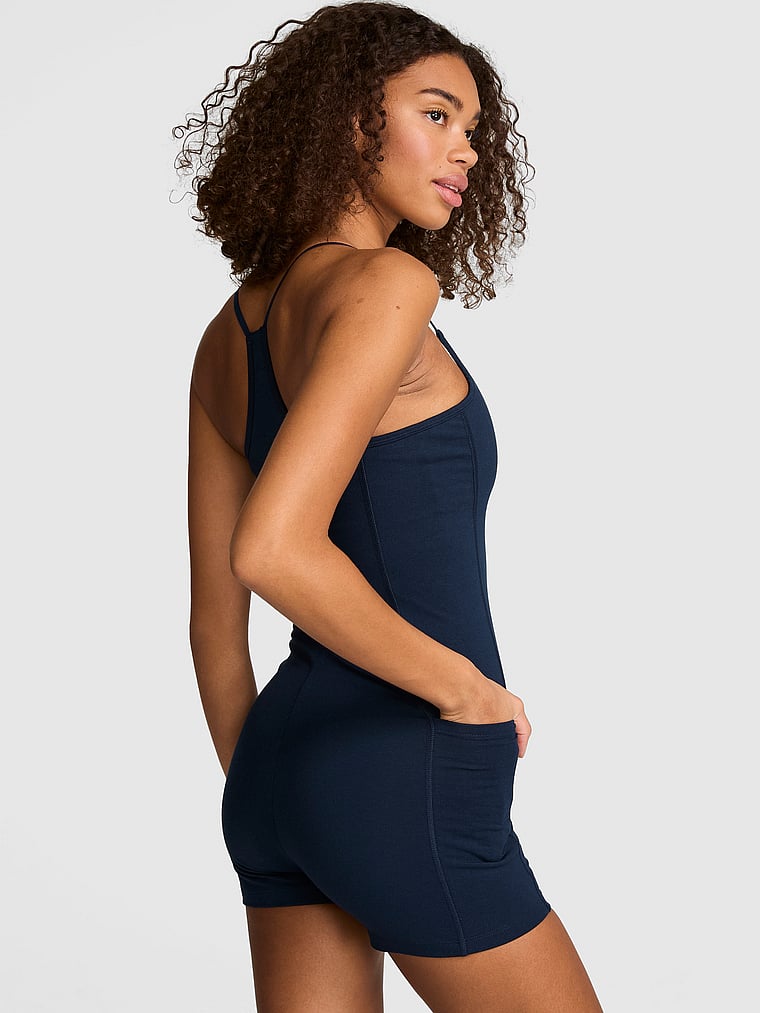 PINK All-Day Cotton™ Henley Onesie, Noir Navy, onModelBack, 2 of 3