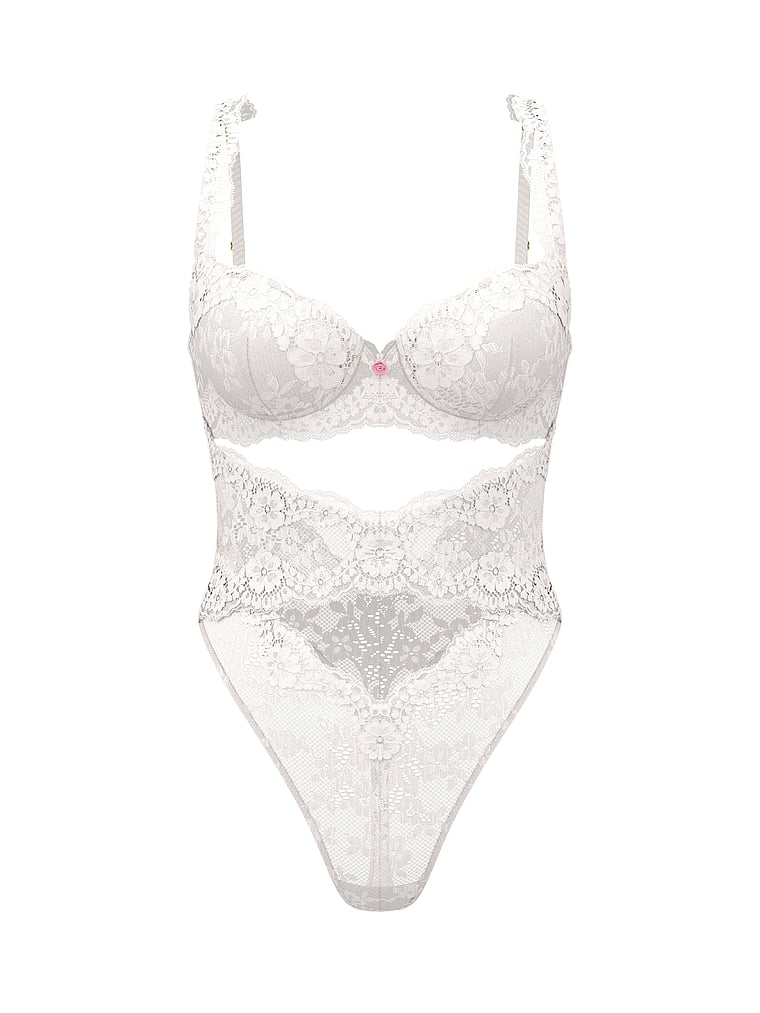 Victoria's Secret, Dream Angels Dare to Dream Lace Uplift Balconette Teddy, Coconut White, offModelFront, 3 of 3