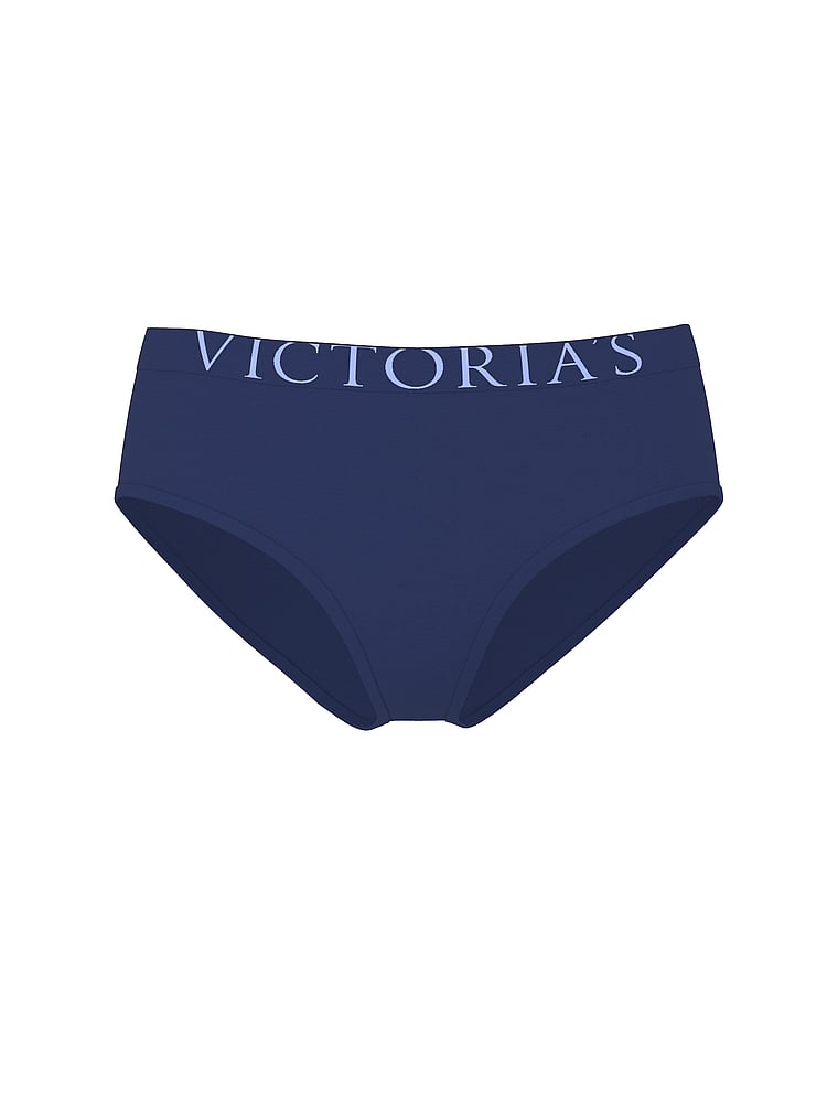 Victoria's Secret, Cotton Logo Cotton Shine Patch Hiphugger Panty, Ink Blue, offModelFront, 3 of 3