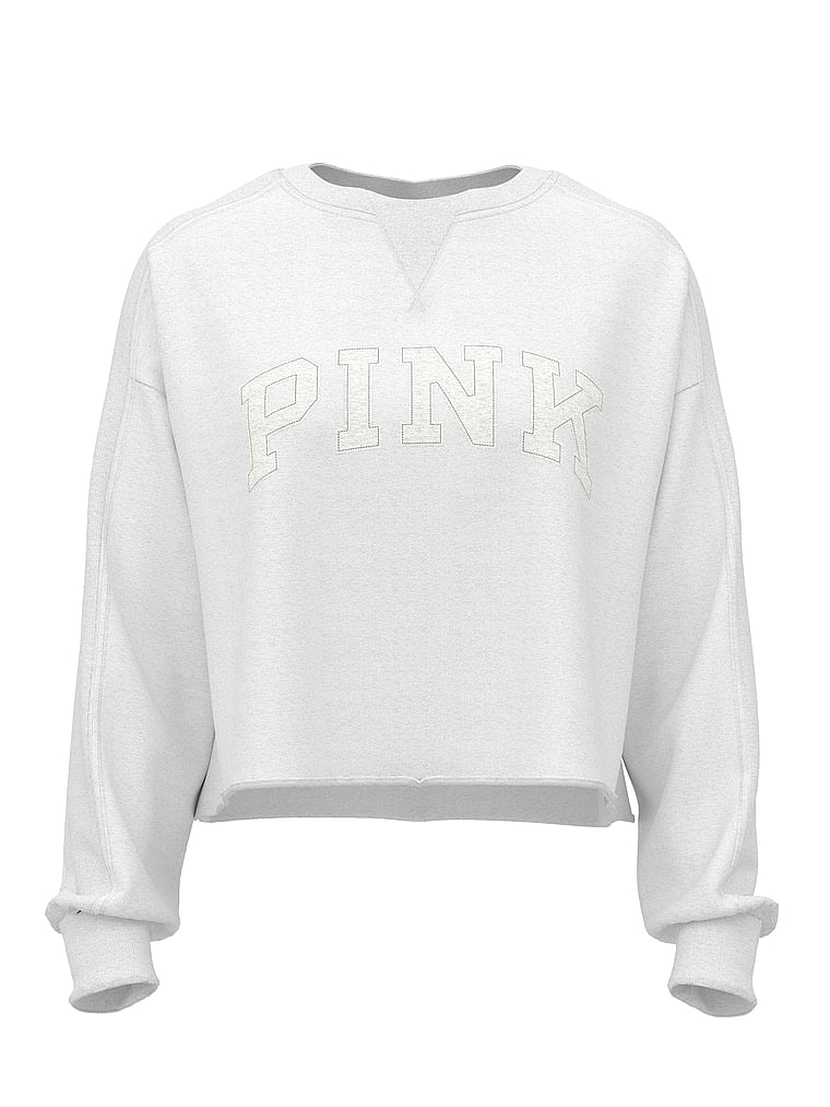 PINK Campus Terry™ Raw-Cut Crew Sweatshirt, Snow Heather, offModelFront, 3 of 3