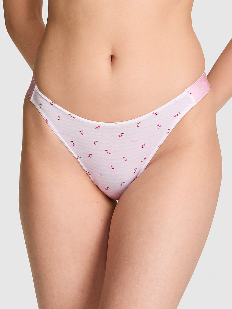 PINK Logo Thong Panty, Pink Tulip Stripe Cherry Print, onModelFront, 1 of 3 Gloria is 5'9" and wears Small