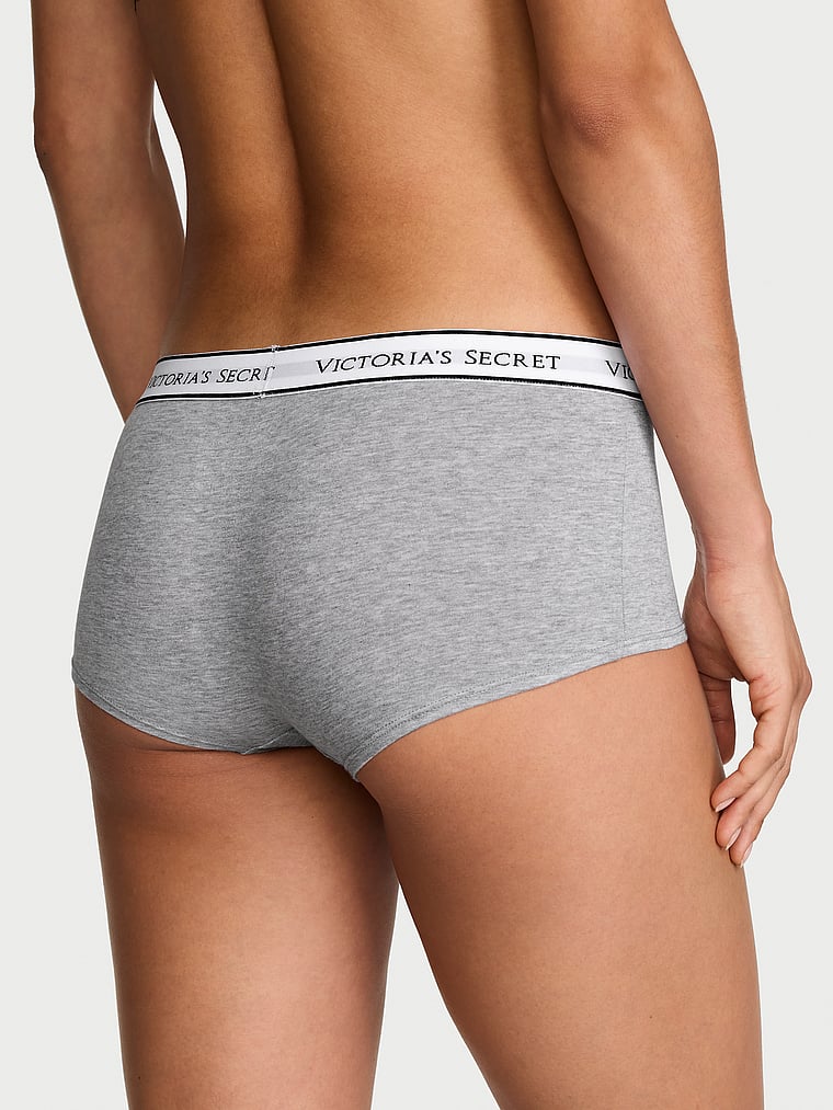 Victoria's Secret, Cotton Logo Cotton Shine Patch Boyshort Panty, Medium Heather Grey, onModelBack, 2 of 3 Nikita  is 5'10" or 178cm and wears Small