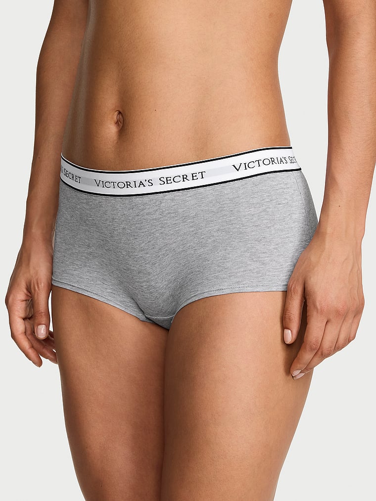 Victoria's Secret, Cotton Logo Cotton Shine Patch Boyshort Panty, Medium Heather Grey, onModelFront, 1 of 3 Nikita  is 5'10" or 178cm and wears Small