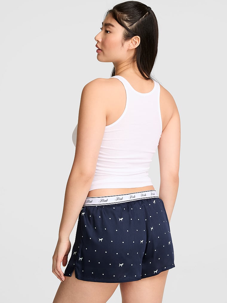 PINK Cotton Boxy Pajama Shorts, Noir Navy Dot & Dog, onModelBack, 2 of 3 Gloria is 5'9" and wears Small