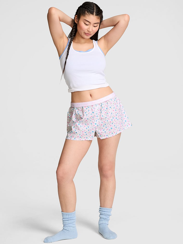 PINK Cotton Boxy Pajama Shorts, White Floral Print, onModelFront, 1 of 3 Gloria is 5'9" and wears Small