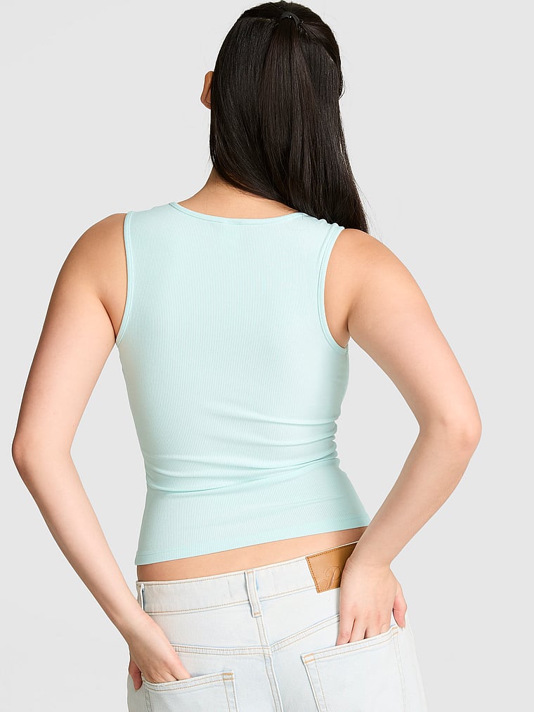 PINK All-Day Soft Rib Square-Neck Tank Top, Spray Blue, onModelBack, 2 of 4 Gloria is 5'9" and wears Small
