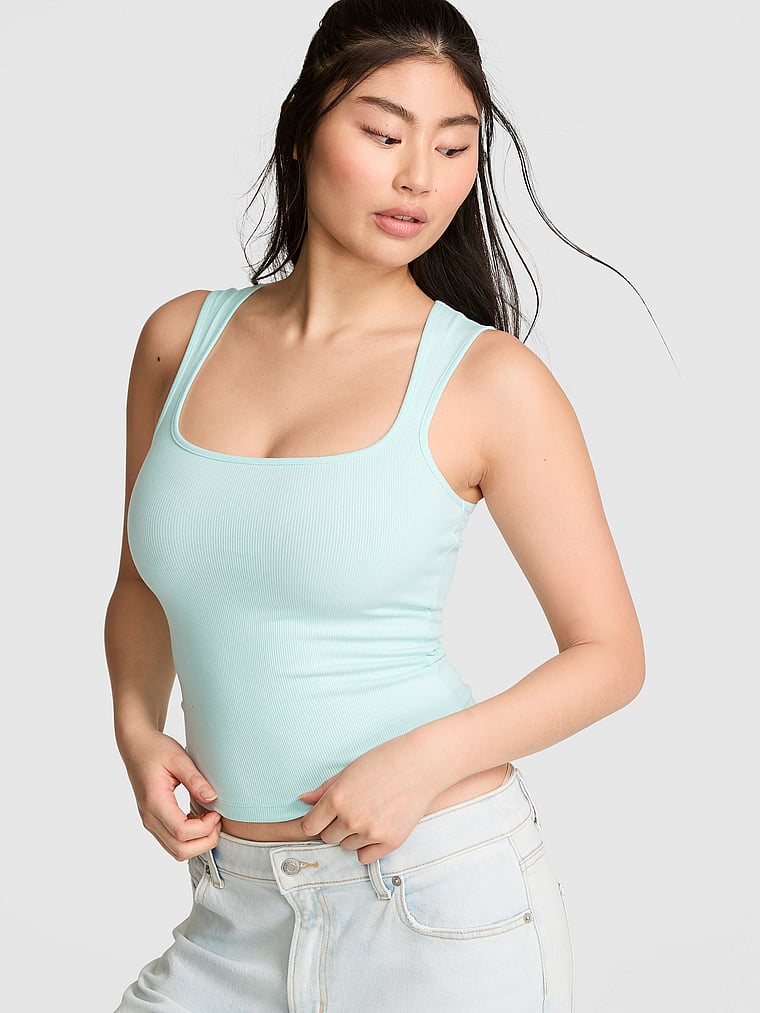 PINK All-Day Soft Rib Square-Neck Tank Top, Spray Blue, onModelFront, 1 of 4 Gloria is 5'9" and wears Small