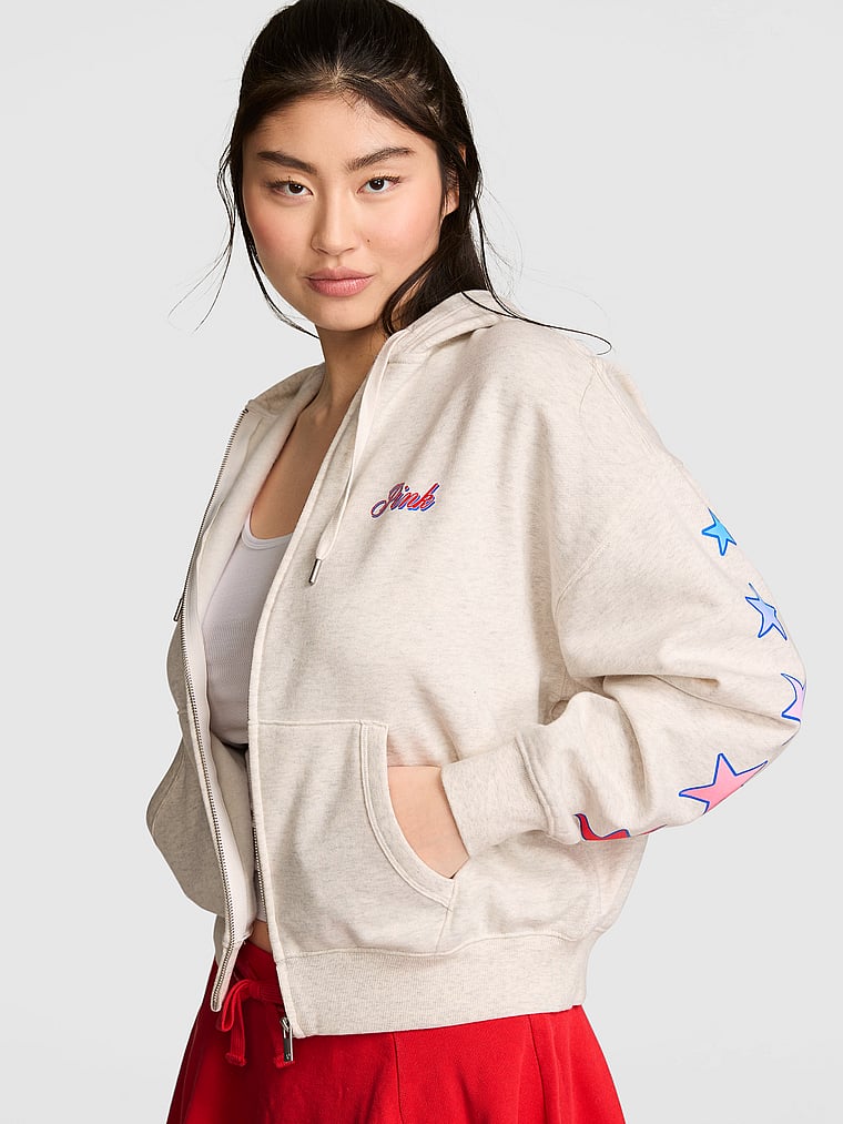 PINK Ivy Fleece Campus Full-Zip Hoodie, Snow Heather, onModelFront, 1 of 3 Gloria is 5'9" or 175cm and wears Small