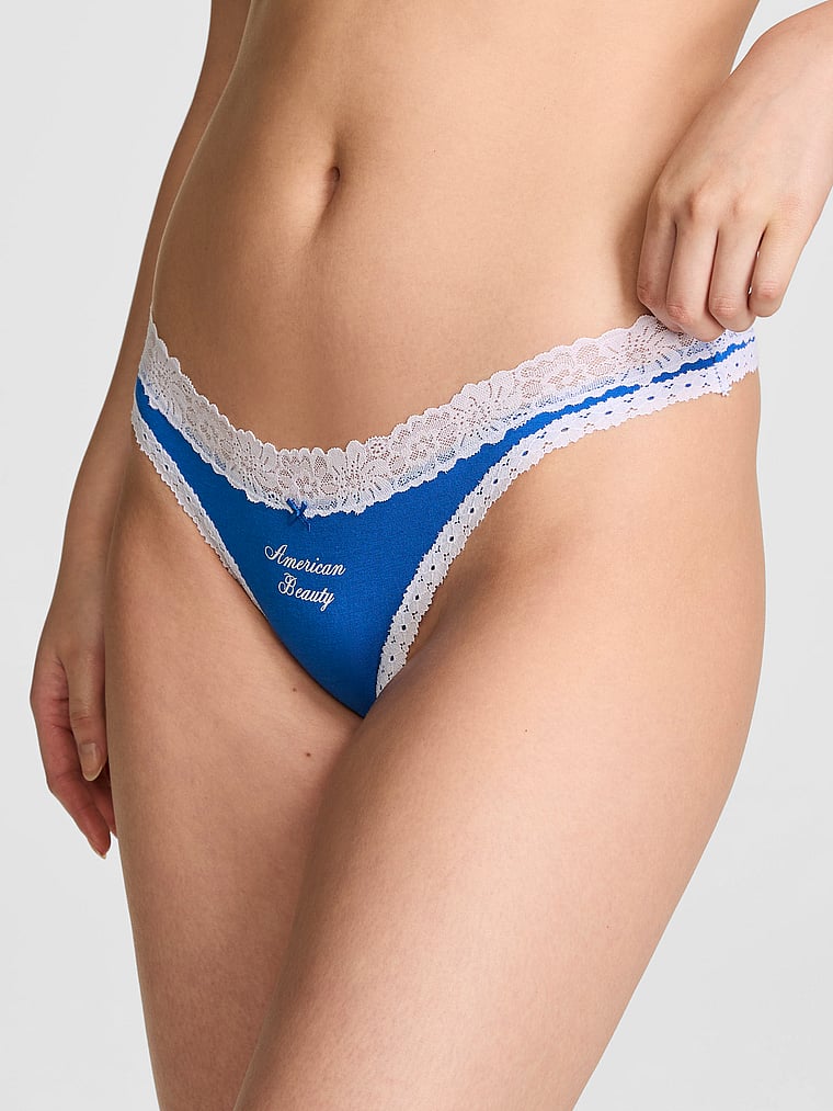 PINK Cotton High-Leg Thong Panty, Strong Blue With White Lace And American Beauty Graphic, onModelFront, 1 of 3 Gloria is 5'9" or 175cm and wears Small