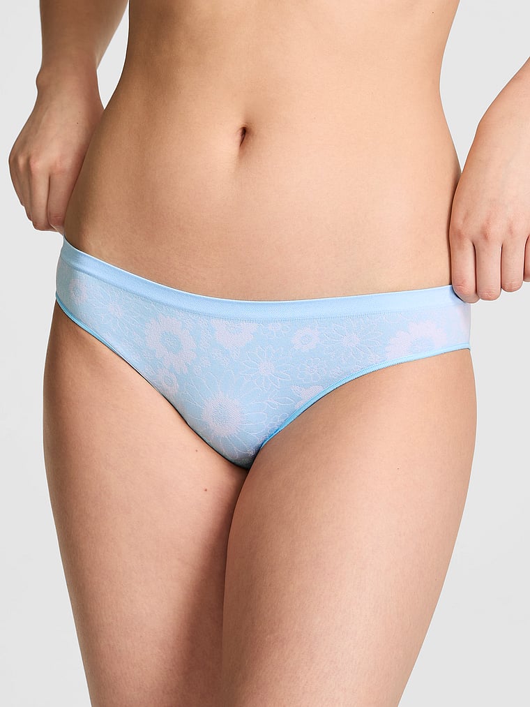 PINK Seamless Bikini Panty, Spray Blue Floral Print, onModelFront, 1 of 3 Gloria is 5'9" and wears Small