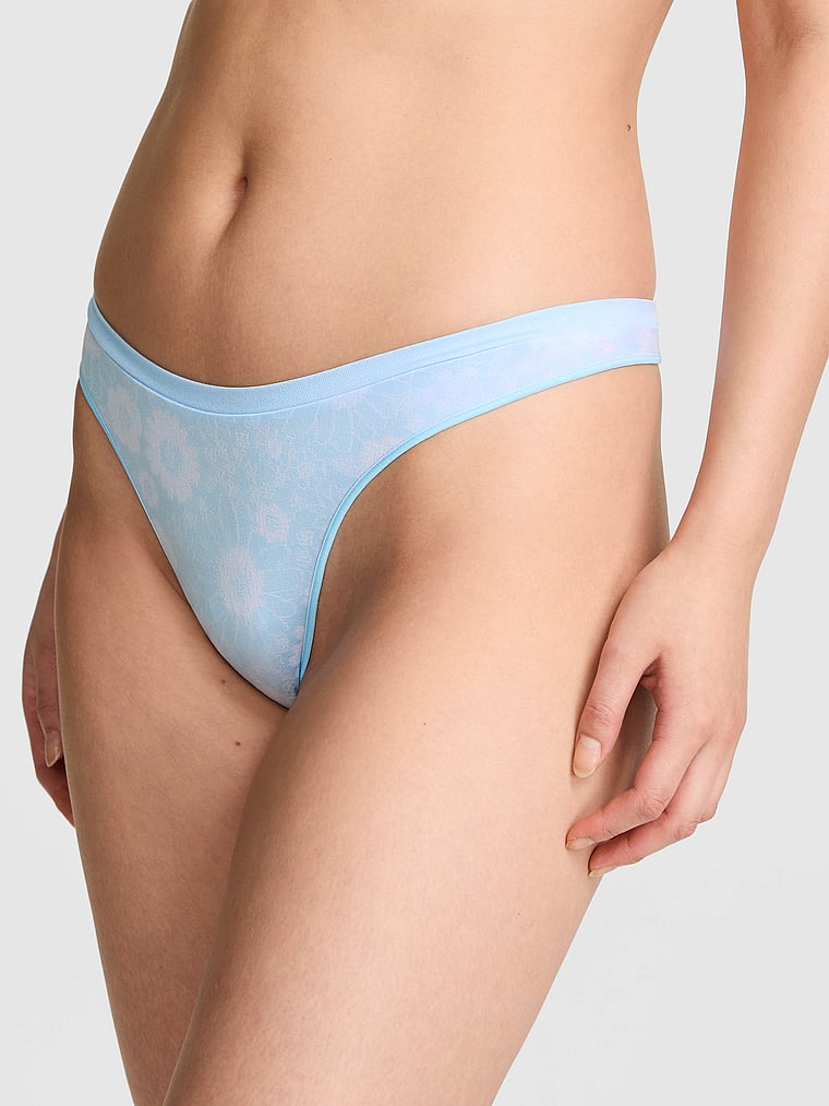 PINK Seamless High-Leg Thong Panty, Spray Blue Floral Print, onModelFront, 1 of 3 Gloria is 5'9" and wears Small