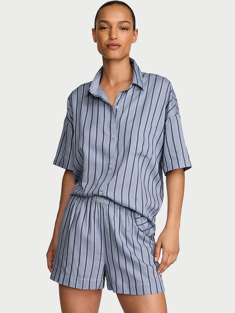Victoria's Secret, Victoria's Secret Modal-Cotton Short Pajama Set, Blue Grey/Ink Blue Lurex Stripe, onModelFront, 1 of 4 Nikita  is 5'10" and wears S/Long