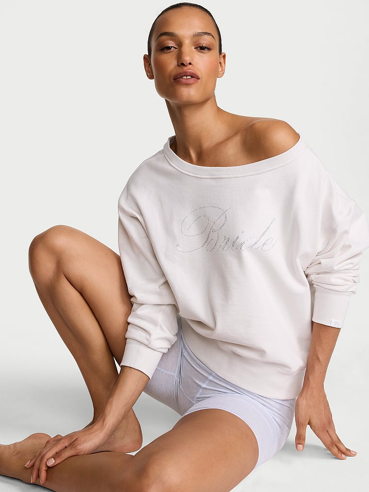 Victoria's Secret, Angel Essentials Off-Duty Terry Boatneck Sweatshirt, Coconut White, onModelFront, 1 of 3 Nikita is 5'10" or 178cm and wears Small