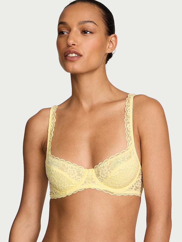 Victoria's Secret, Victoria's Secret Lacie Unlined Balconette Bra, Lemonade, onModelFront, 1 of 4 Nikita  is 5'10" or 178cm and wears 34B or Small