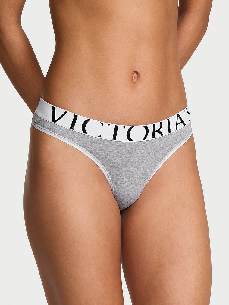 Victoria's Secret, Cotton Exploded Logo Cotton Thong Panty, Medium Heather Grey, onModelFront, 1 of 4 Nikita is 5'10" or 178cm and wears Small