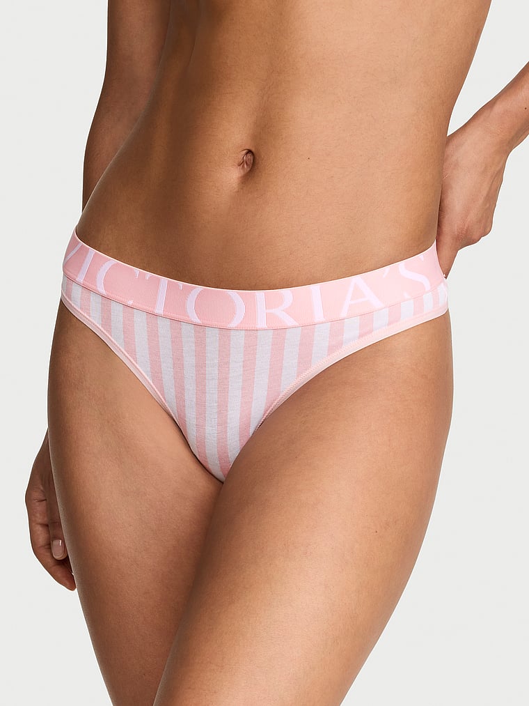 Victoria's Secret, Cotton Logo Cotton Thong Panty, Pretty Blossom Stripes, onModelFront, 1 of 4 Nikita is 5'10" and wears Small