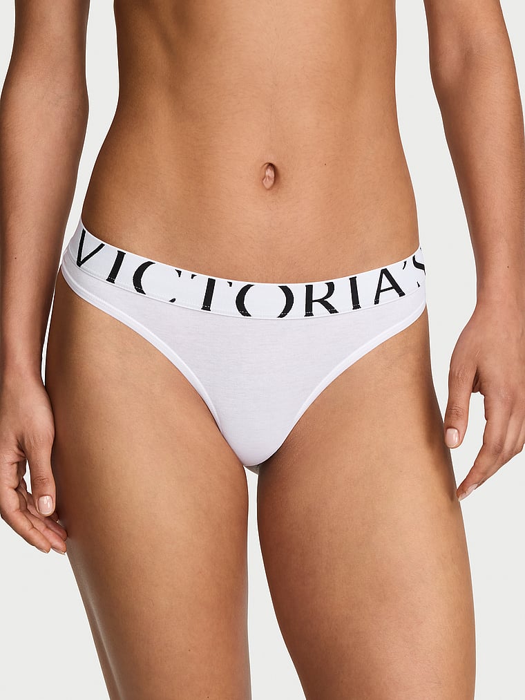 Victoria's Secret, Cotton Logo Cotton Thong Panty, White, onModelFront, 1 of 3 Nikita  is 5'10" and wears Small