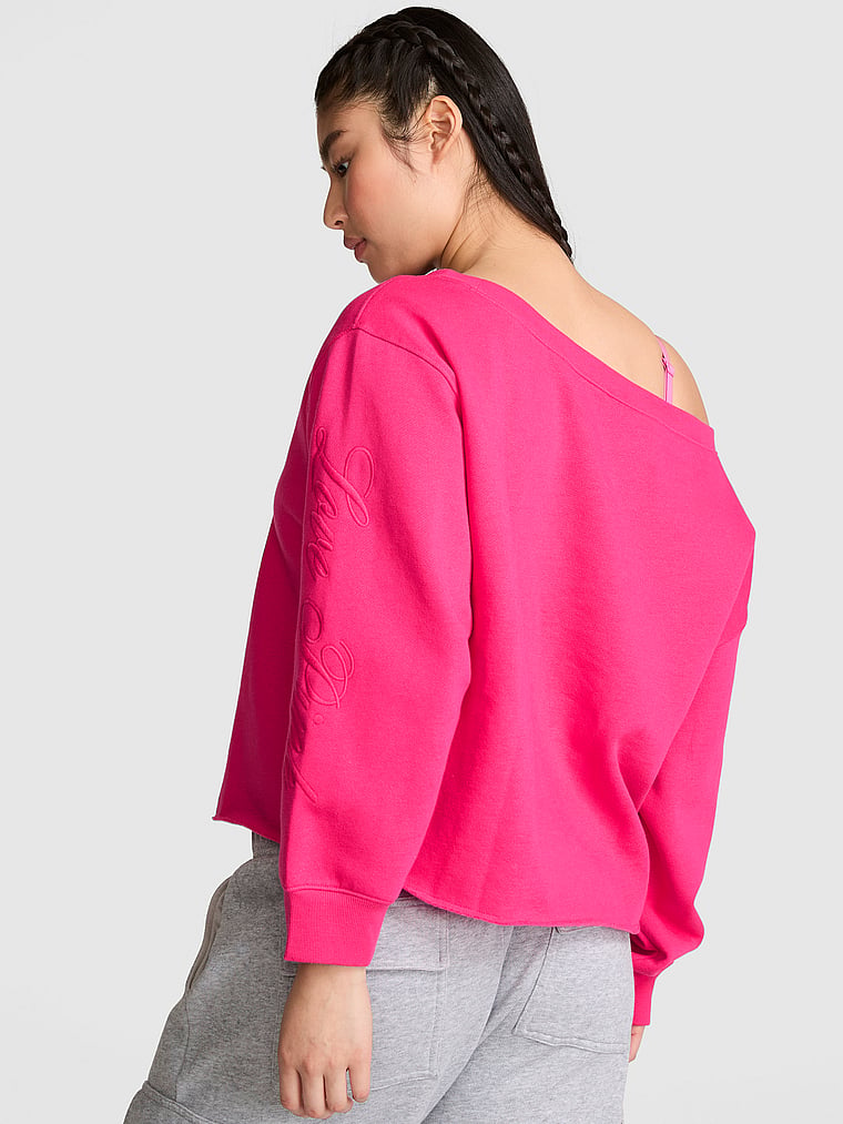 PINK Campus Fleece™ Rib Off-The-Shoulder Sweatshirt, Hot Stuff, onModelBack, 2 of 3 Gloria is 5'9" and wears Small