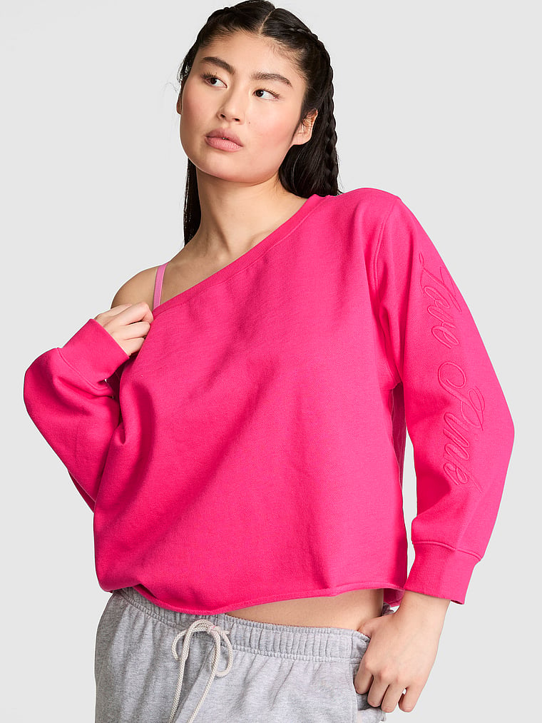 PINK Campus Fleece™ Rib Off-The-Shoulder Sweatshirt, Hot Stuff, onModelFront, 1 of 3 Gloria is 5'9" and wears Small