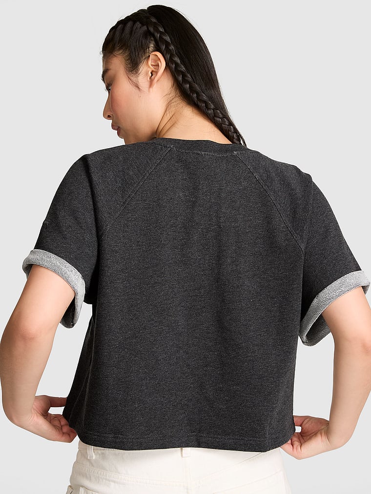 PINK Campus Terry™ Short-Sleeve Crew Sweatshirt, Charcoal Heather Grey, onModelSide, 2 of 4 Gloria is 5'9" and wears Small