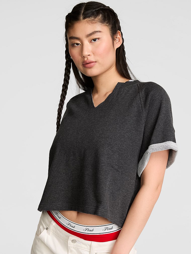 PINK Campus Terry™ Short-Sleeve Crew Sweatshirt, Charcoal Heather Grey, onModelFront, 1 of 4 Gloria is 5'9" and wears Small