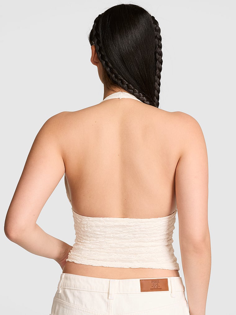 PINK PINK Base Lace Plunge Halter Top, Winter White, onModelBack, 2 of 3 Gloria is 5'9" or 175cm and wears Small