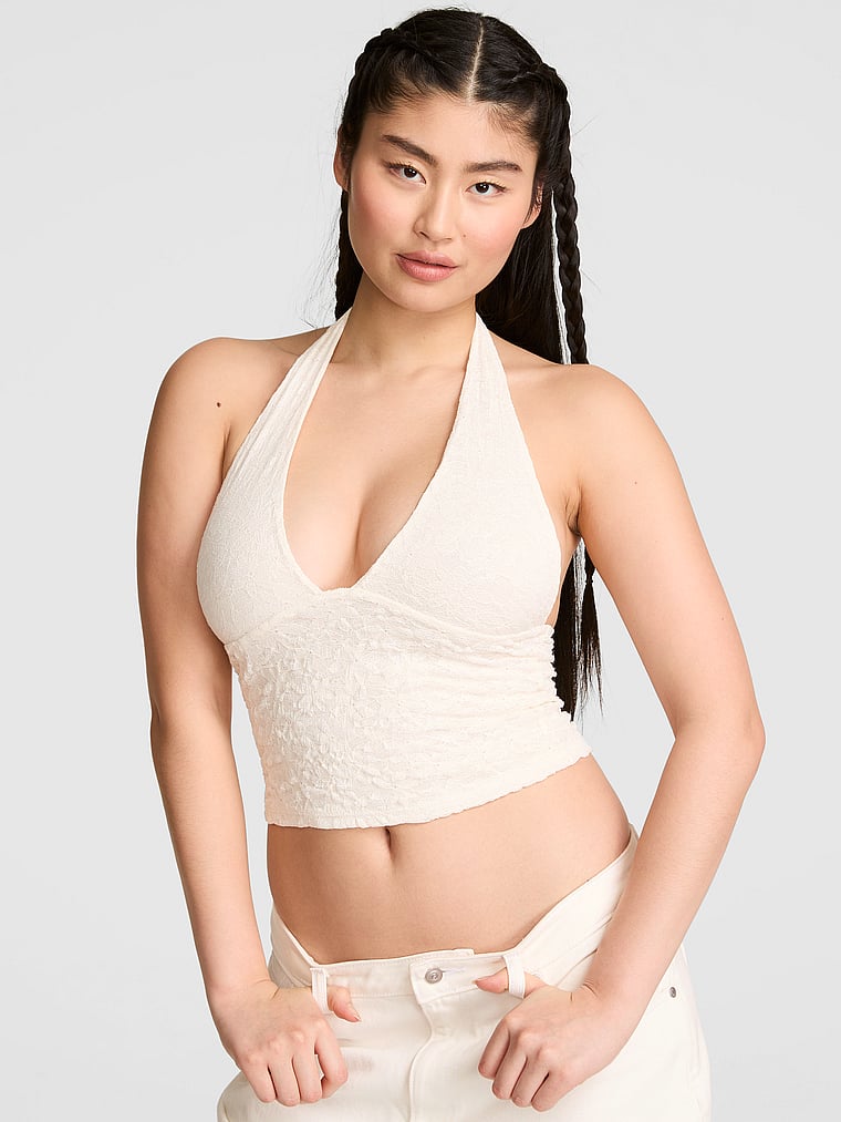 PINK PINK Base Lace Plunge Halter Top, Winter White, onModelFront, 1 of 3 Gloria is 5'9" or 175cm and wears Small