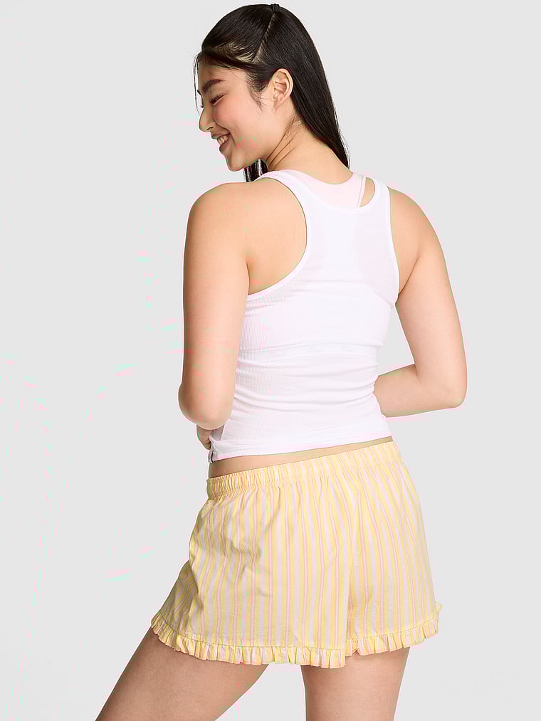 PINK Cotton Boxy Pajama Shorts, Peach Stripes, onModelBack, 2 of 3 Gloria is 5'9" and wears Small