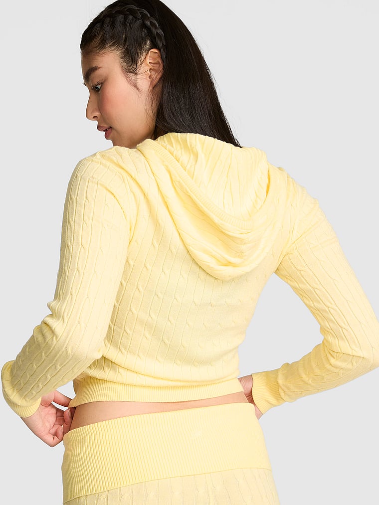 PINK by Frankies Bikinis Hudson Cable Knit Full Zip Hoodie, Mellow Yellow, onModelBack, 1 of 4 Gloria is 5'9" and wears Small