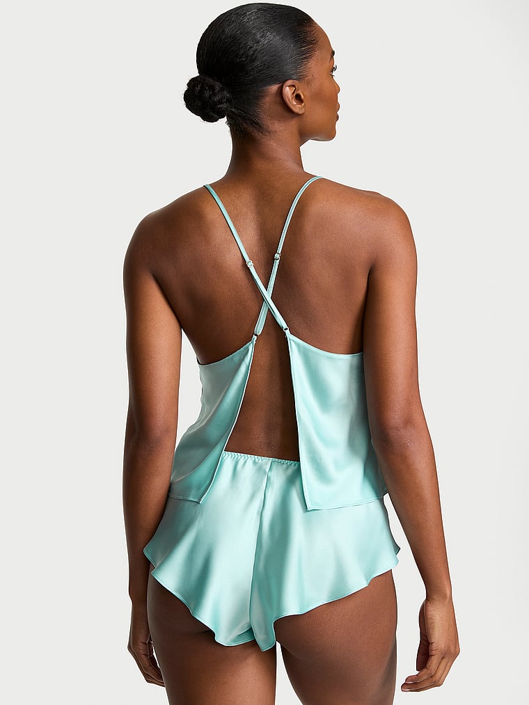 Victoria's Secret, Victoria's Secret Satin Open-Back Cami & Shorts Set, Canal Blue, onModelBack, 2 of 3