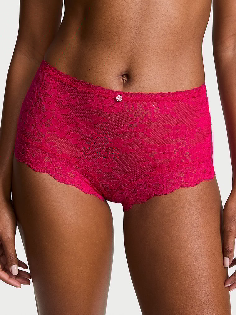 Victoria's Secret, Dream Angels Lace-Trim Boyshort Panty, Vibrant Fuchsia, onModelFront, 1 of 2