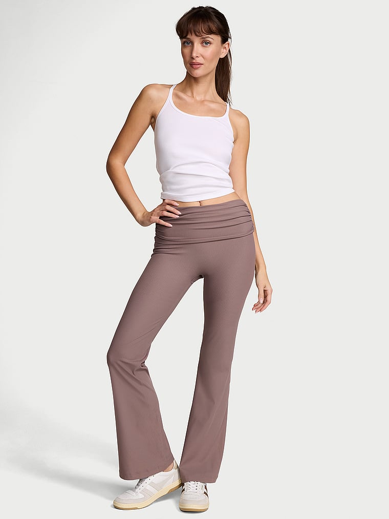 Victoria's Secret, VSX VSX Elevate™ Rib Ruched Foldover Flare Legging, Cloudy Grey, onModelFront, 1 of 3 Ari is 5'9" or 175cm and wears Small