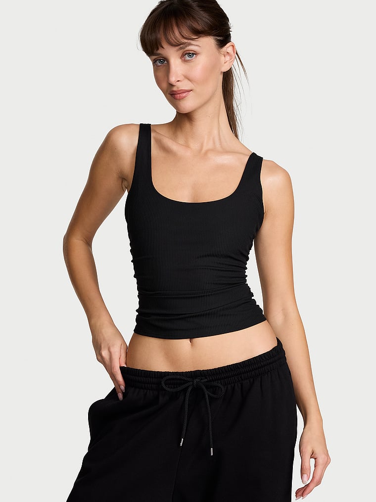 Victoria's Secret, VSX VSX Elevate™ Rib Ruched Tank Top, Black, onModelFront, 1 of 2 Ari is 5'9" and wears Small