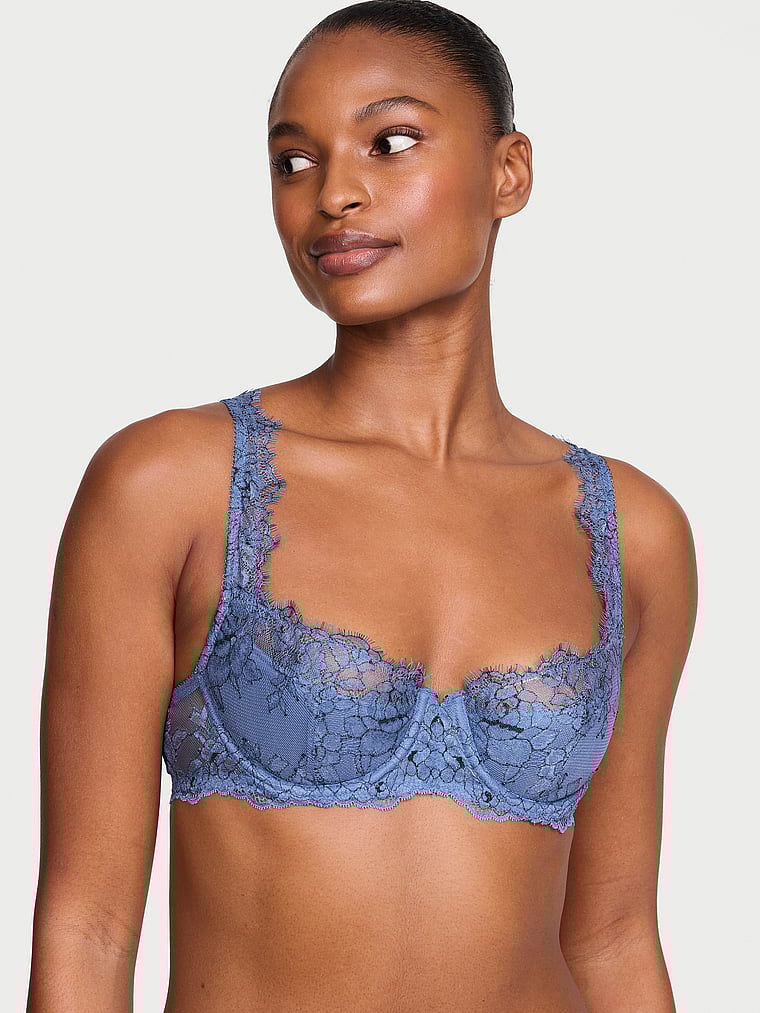 Victoria's Secret, Very Sexy Showgirl Embroidery Uplift Balconette Bra, Denim Blue, onModelFront, 1 of 4