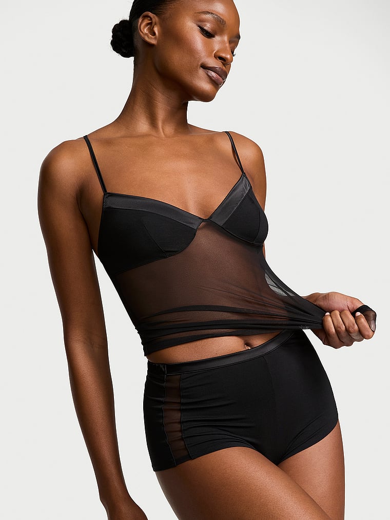 Victoria's Secret, Very Sexy Sheer Reveal Modal & Mesh Cami Set, Black, onModelFront, 1 of 3