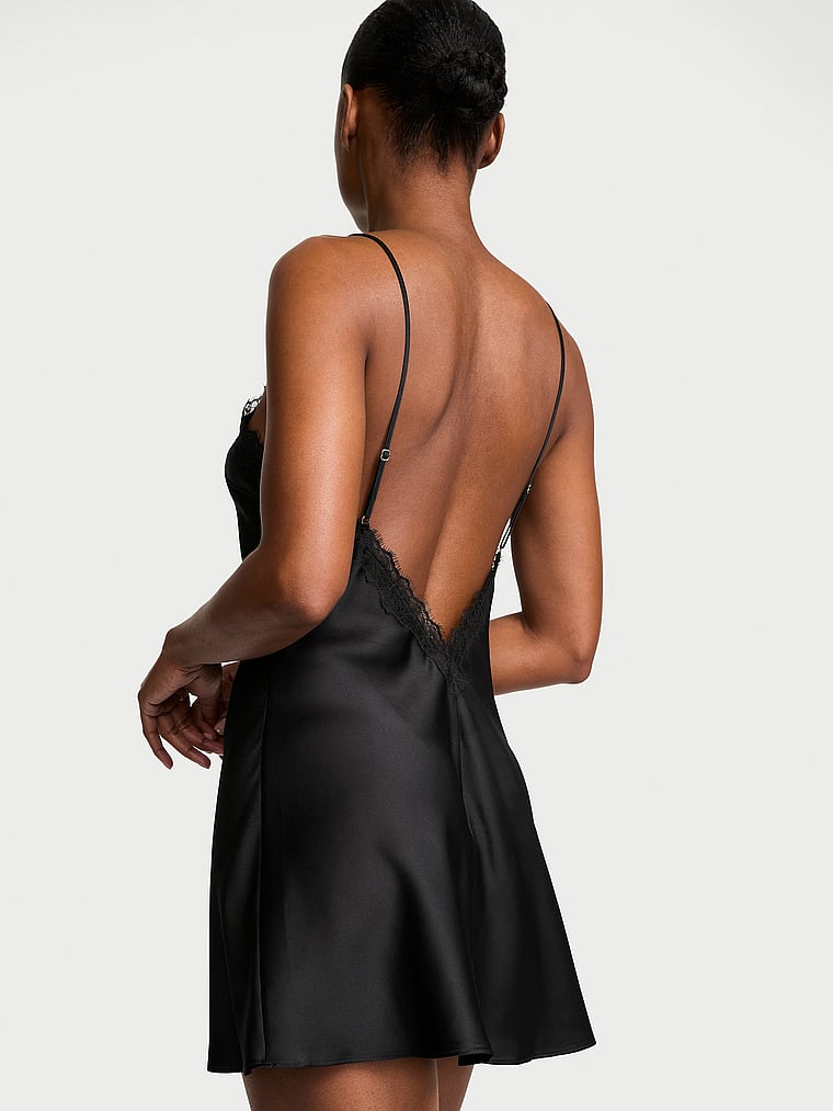 Victoria's Secret, Very Sexy Satin Rose Lace-Trim Mini Slip Dress, Black, onModelBack, 2 of 3