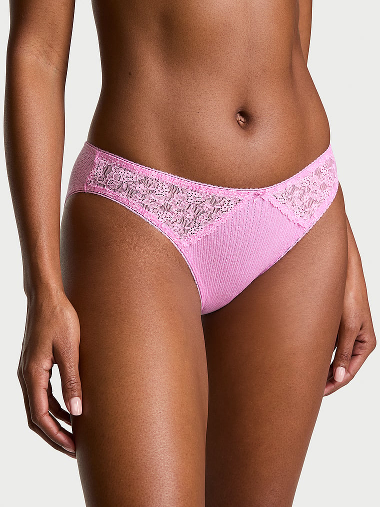 Victoria's Secret, Victoria's Secret Cotton Pointelle Floral Lace-Trim Bikini Panty, Bikini Pink, onModelFront, 1 of 3