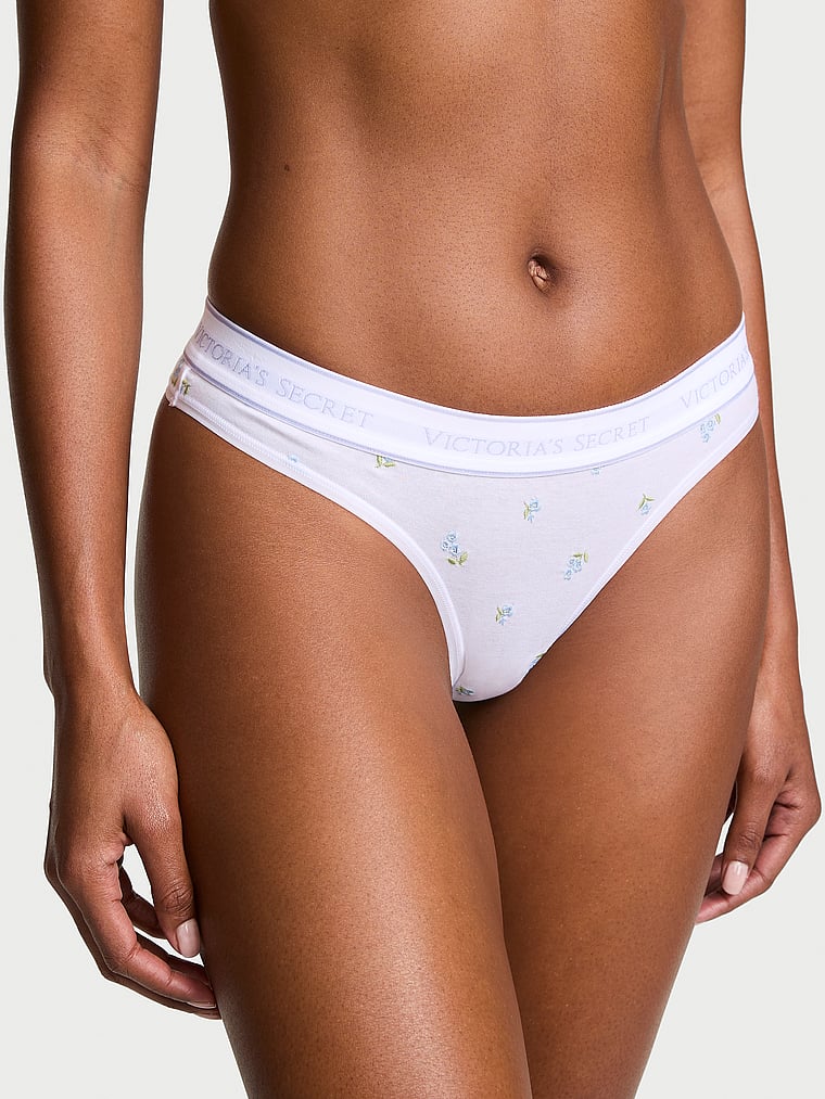 Victoria's Secret, Cotton Logo Cotton Thong Panty, White Floral Embroidery , onModelFront, 1 of 4