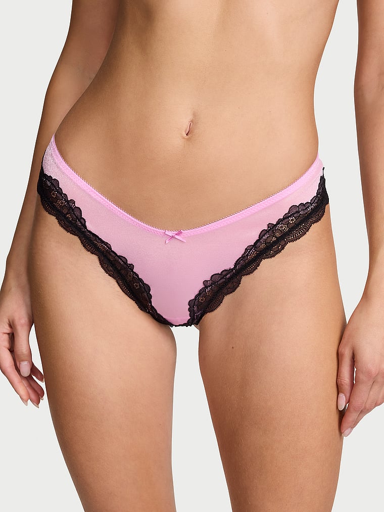 Victoria's Secret, Victoria's Secret Tease Mesh Lace-Trim High-Leg Thong Panty, Bikini Pink, onModelFront, 1 of 3 Ari is 5'9" and wears Small